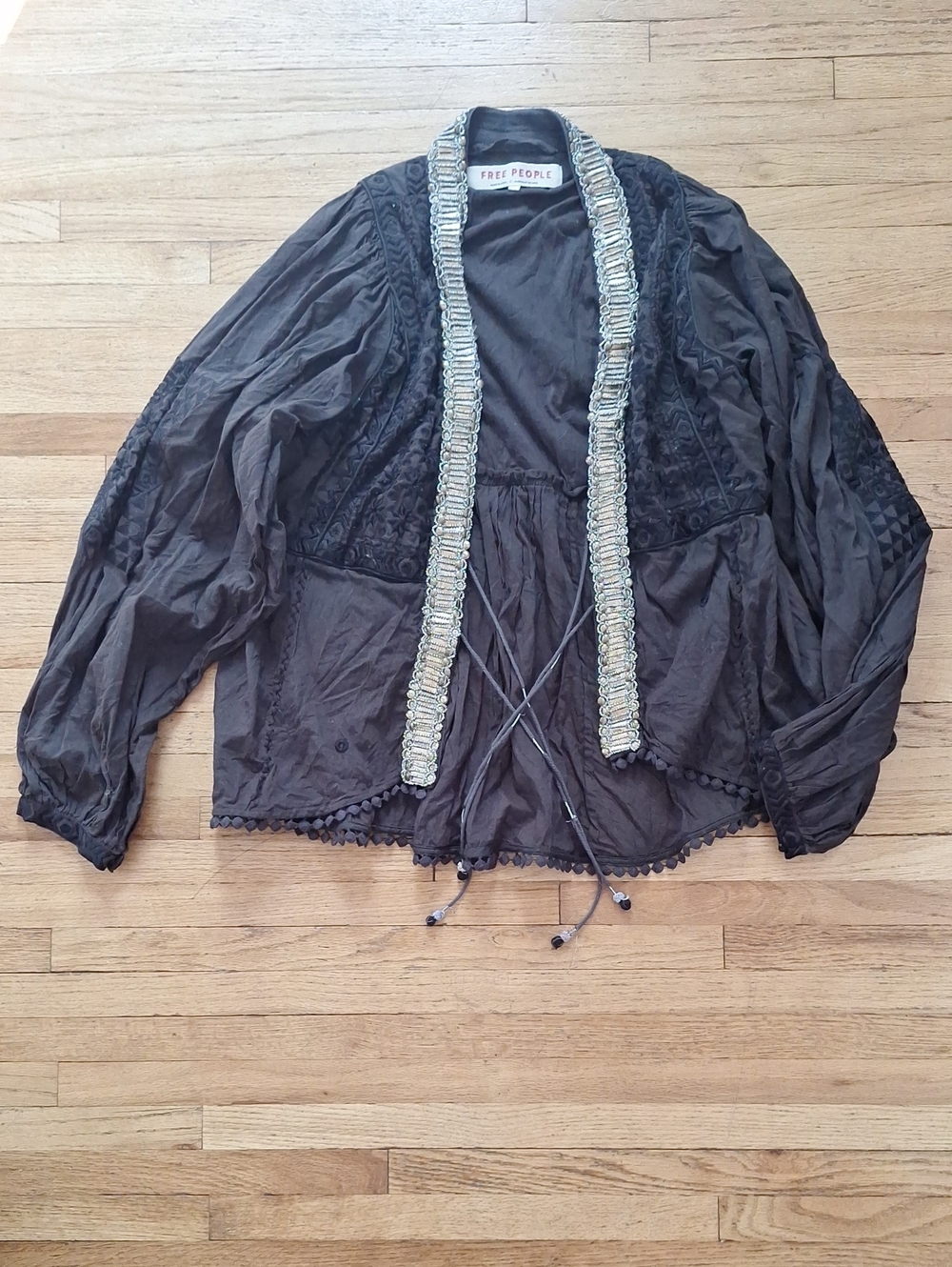 Free People Black Embroidered Cardigan Jacket with Beaded Trim